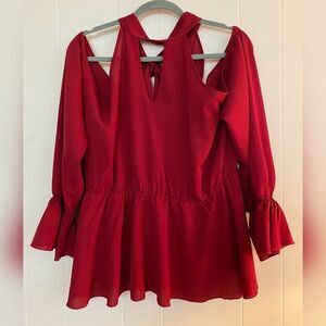 Shein Blouse Women’s 2X Red Halter Cold Shoulder Ruffles Tie Fairycore Romantic